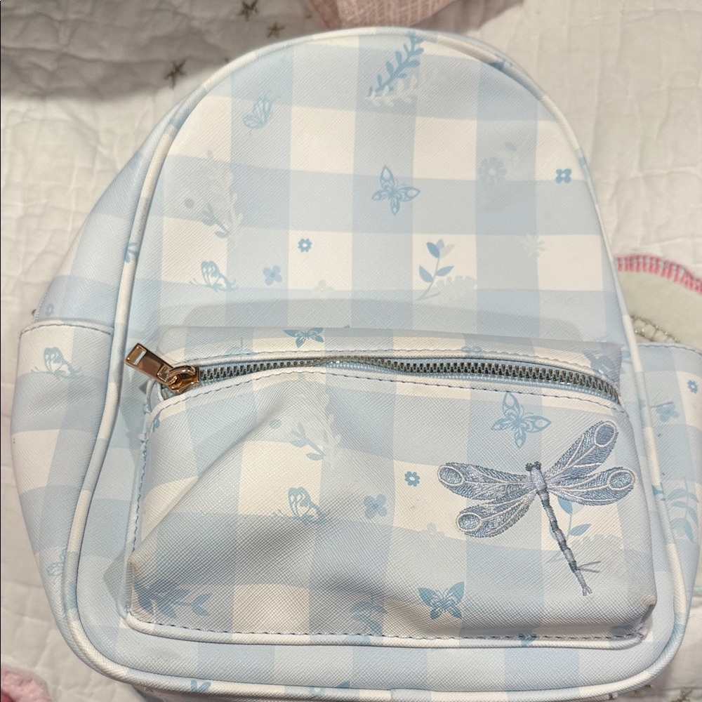 Blue Checkered Backpack With Dragonfly Design. In… - image 1